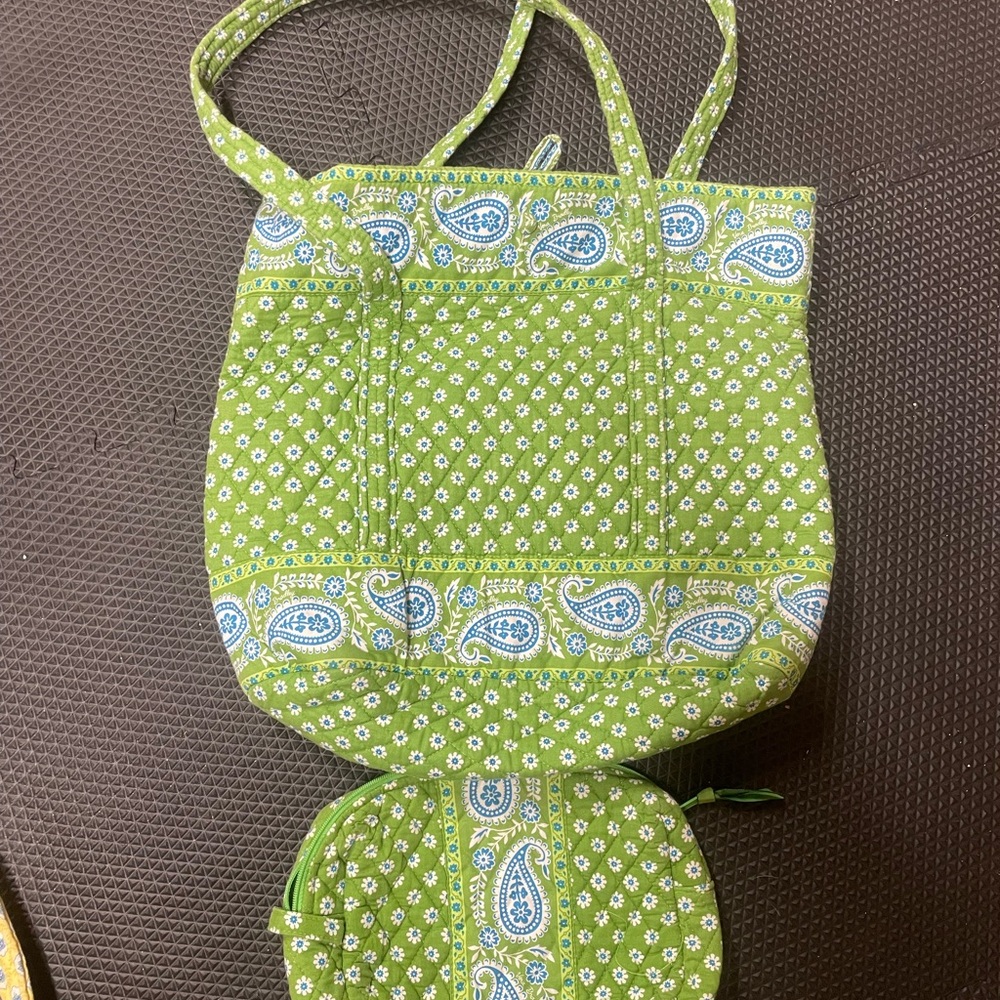 Vera Bradley vintage Green and Blue Floral Tote Bag with Matching Pouch set of 2